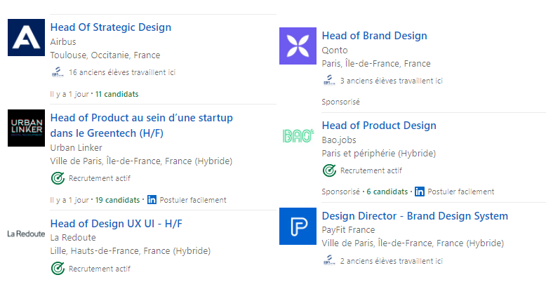 Capture d'écran des offres d'emploi Head of Design. Au moment de la rédaction de l'article  Airbus, Qonto, Urban Linker, Bao Jobs, PayFit et La Redoute avait posté des annonces.