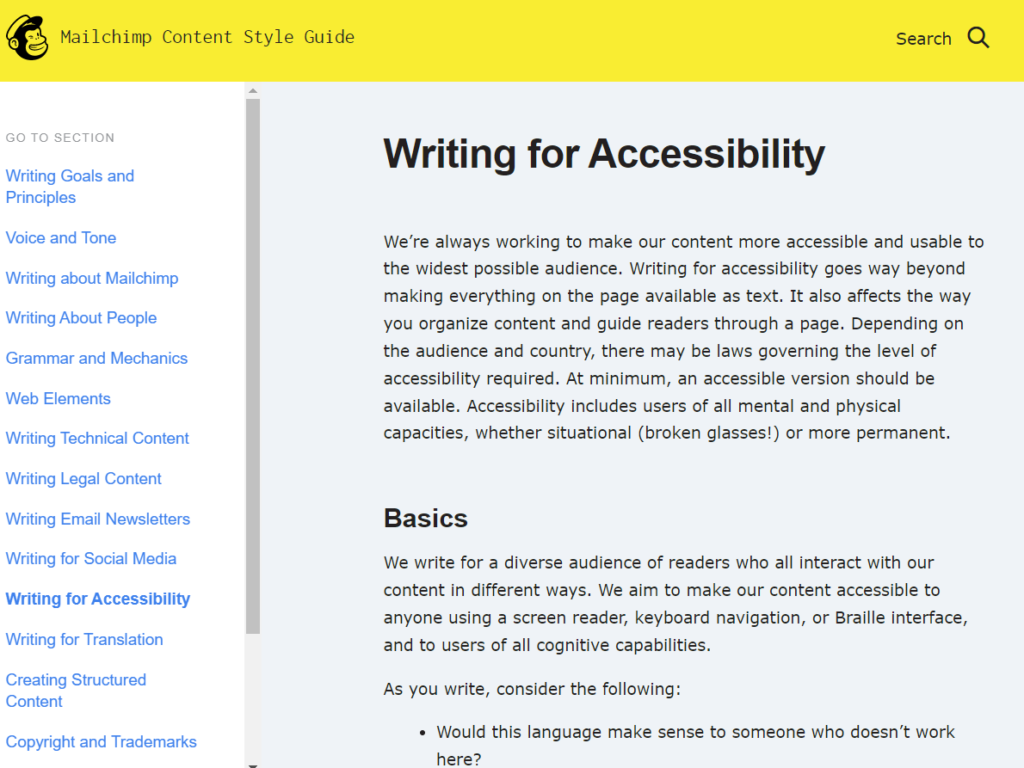 Une capture d'écran des Guidelines de Mailchimp pour l'accessibilité